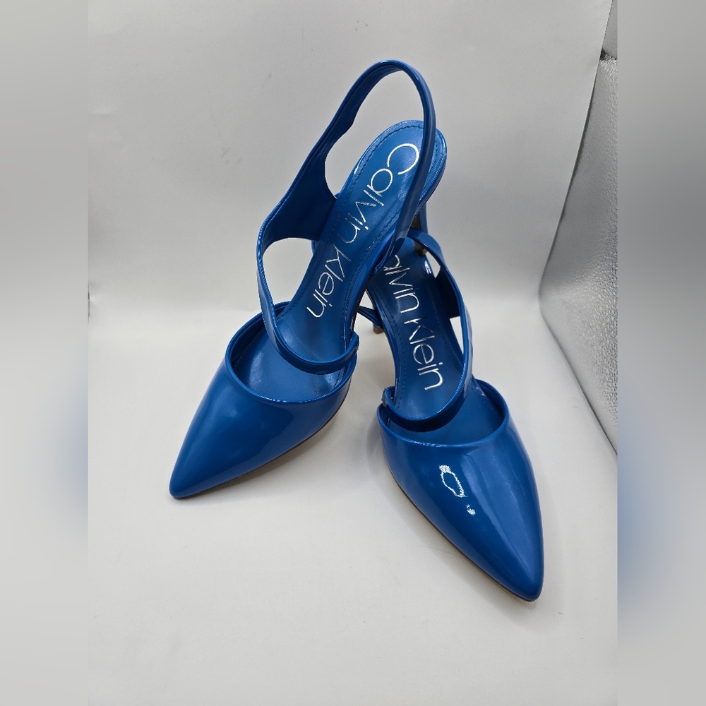 Calvin Klein Bright Blue Patent Pointed-Toe Slingback Spike Heel Pumps. Sz 8M - Picture 2 of 9
